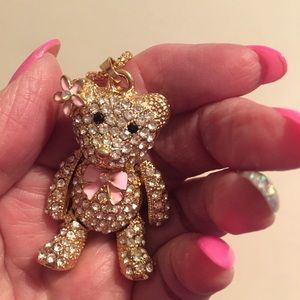 Betsy Johnson Pink Enamel and Crystal Rhinestone Teddy Bear Necklace. NWT.